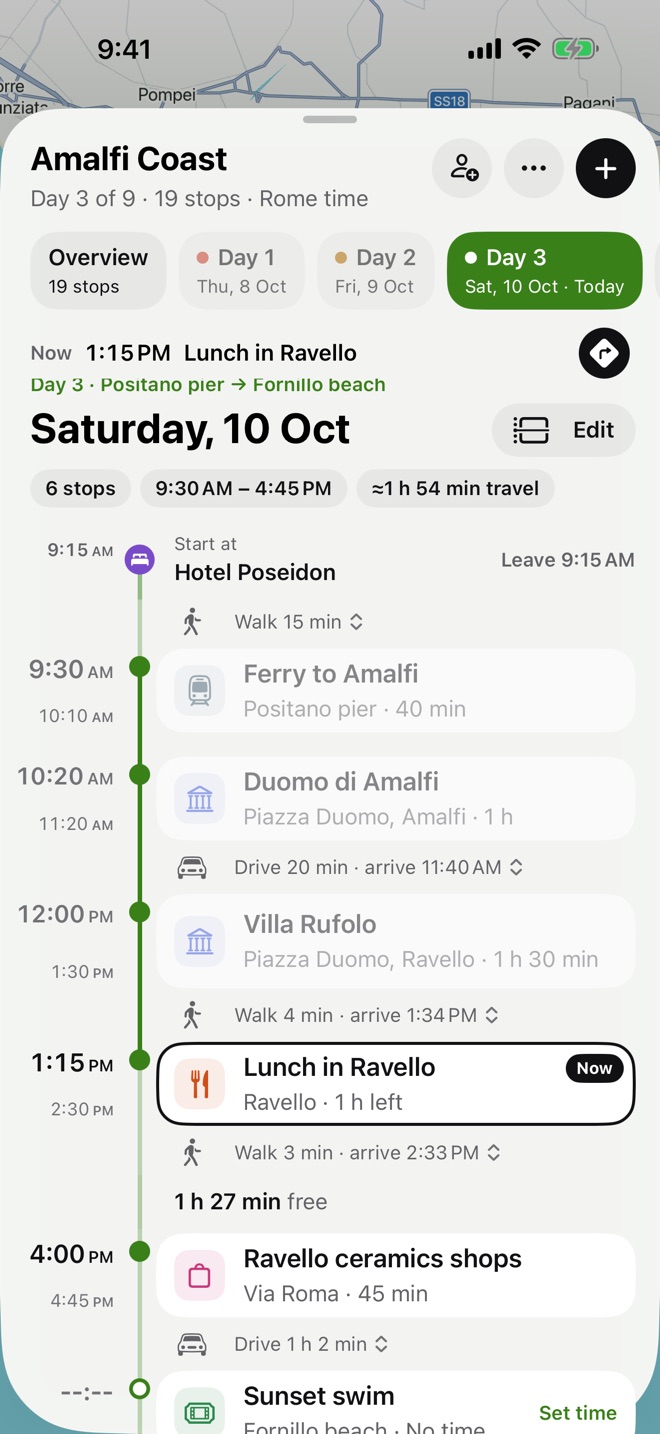 A day's timeline with start times, travel between stops and a conflict warning