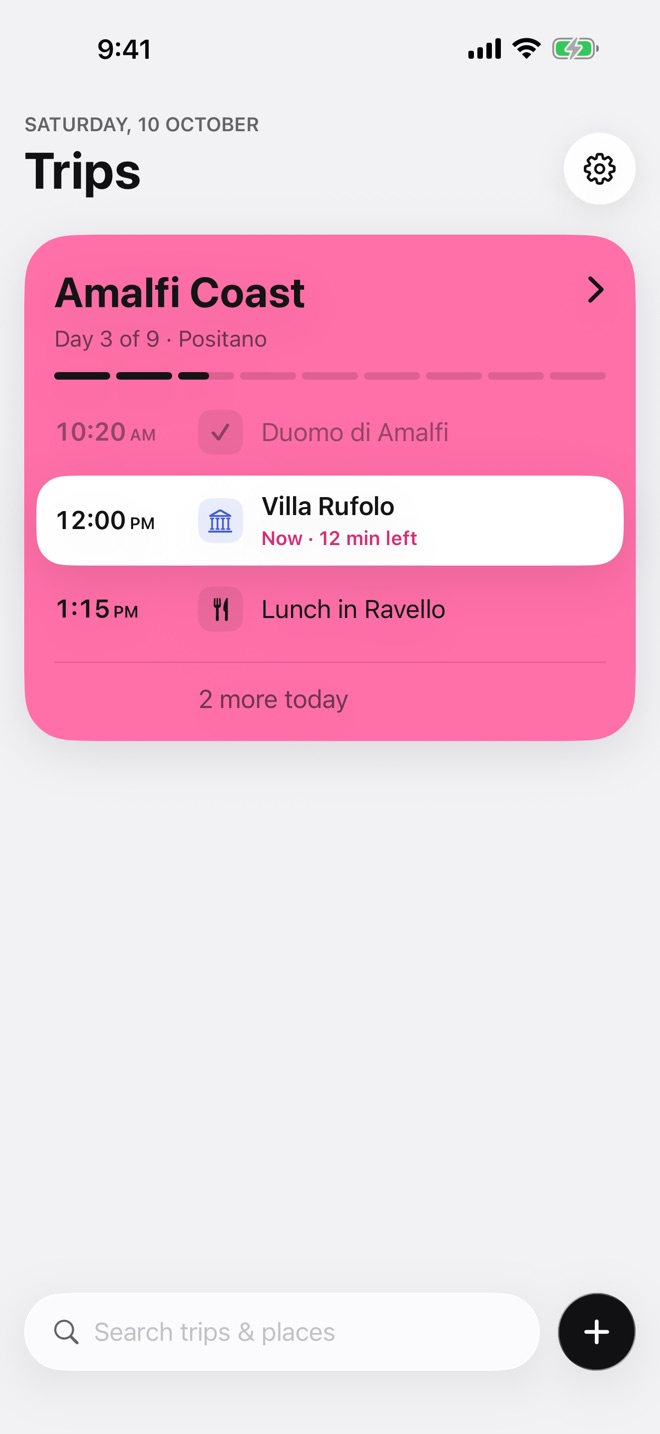 The trip list with a colourful card for each trip